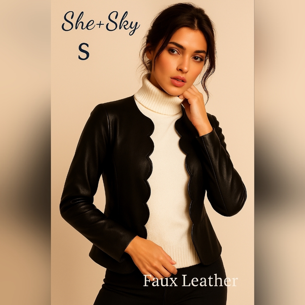 She + Sky Women’s Black Scalloped Edge Faux Leather Jacket Size S